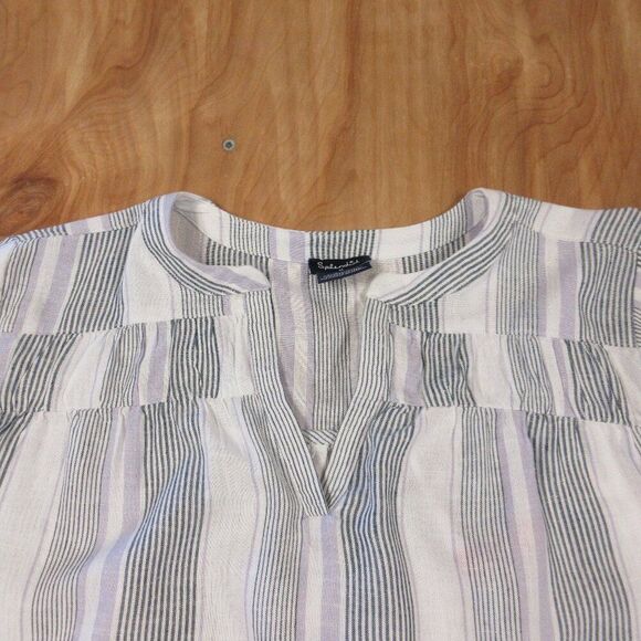 SPLENDID Linen Blend V-Neck Blouse Size M Grey Purple White Strip Top Shirt NWT - Picture 8 of 16